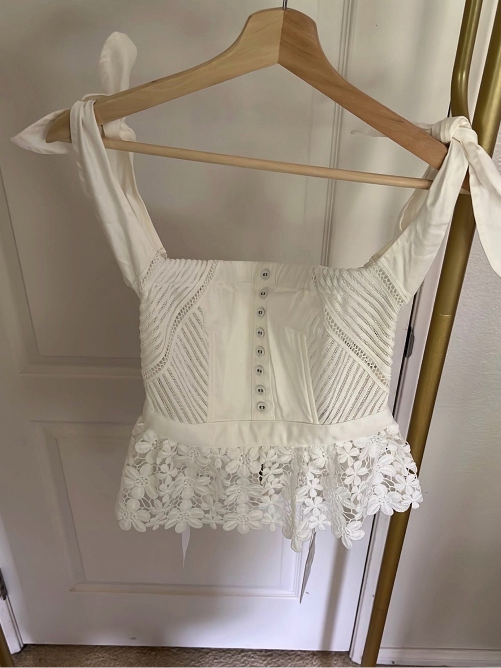 Self-Portrait White Lace Tie-Shoulder Peplum Camisole